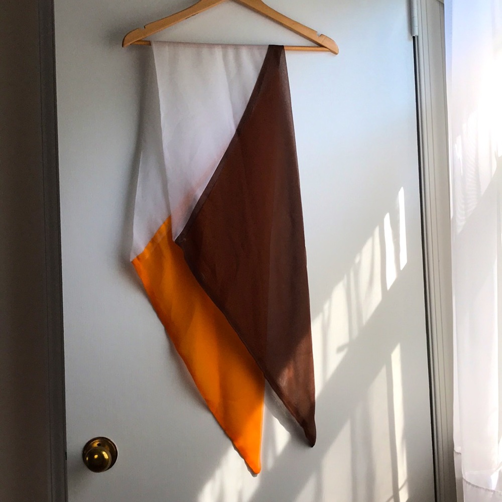 Vintage Mid Century MCM Chiffon Scarf Sheer White Orange Brown colorblock scarf